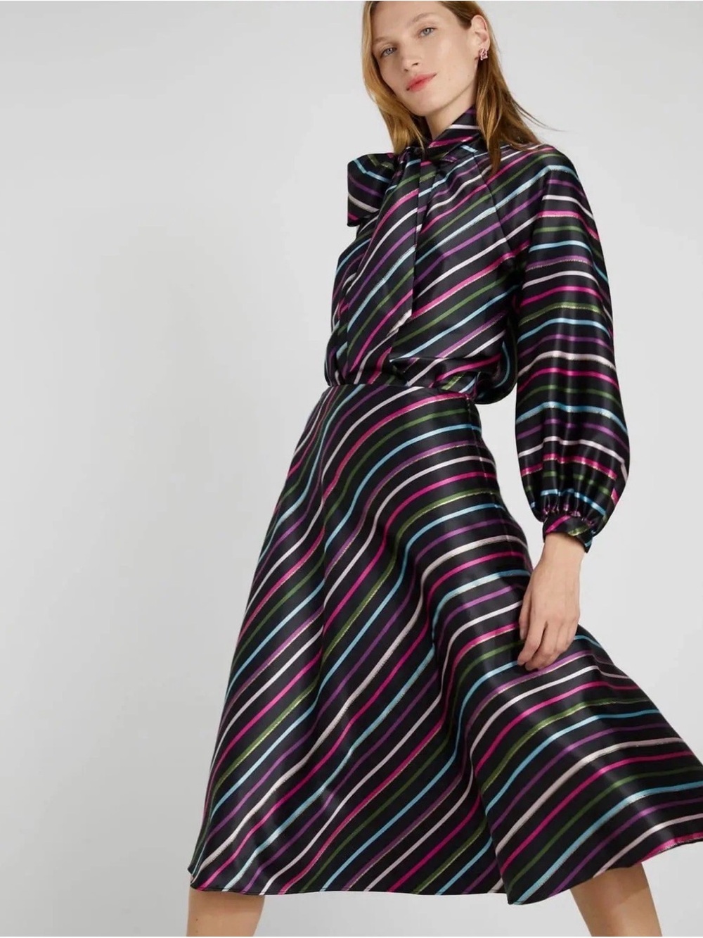 kate spade Black Satin Tie-Neck Blouse with Pink, Green, Blue and White Stripes